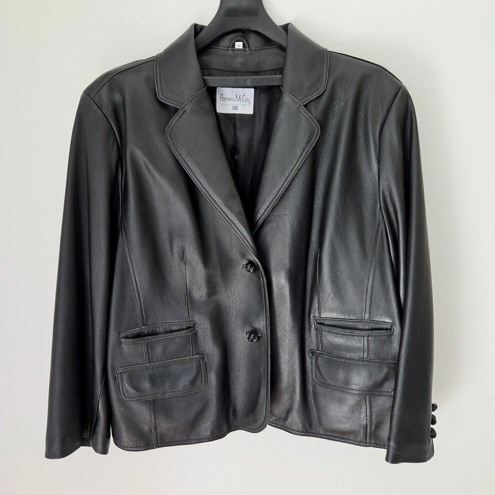 Pamela McCoy Collections Black Leather Blazer Jacket Plus Size 3X Knotted Button